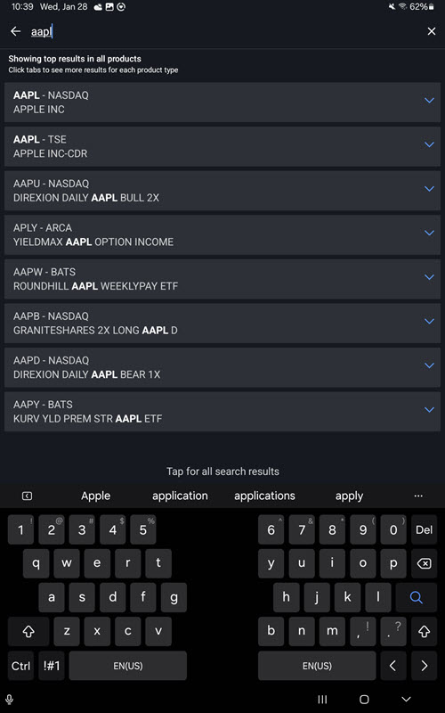 The option wizard search intrument page on the Android Tablet